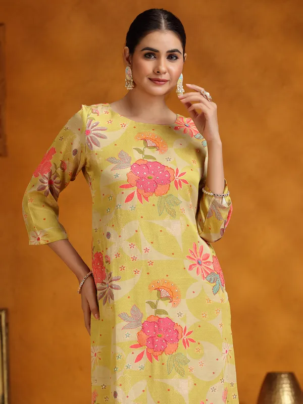 Mehendi yellow printed silk kurti set