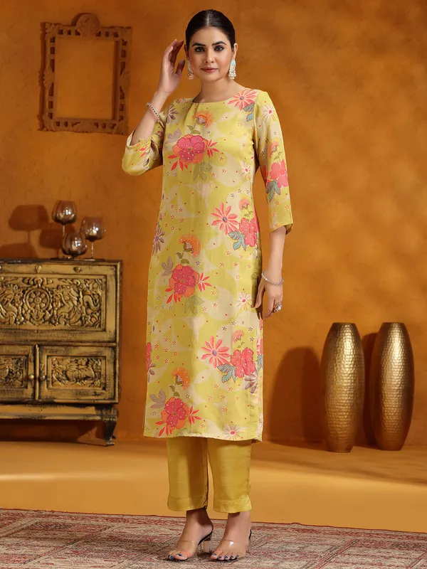 Mehendi yellow printed silk kurti set