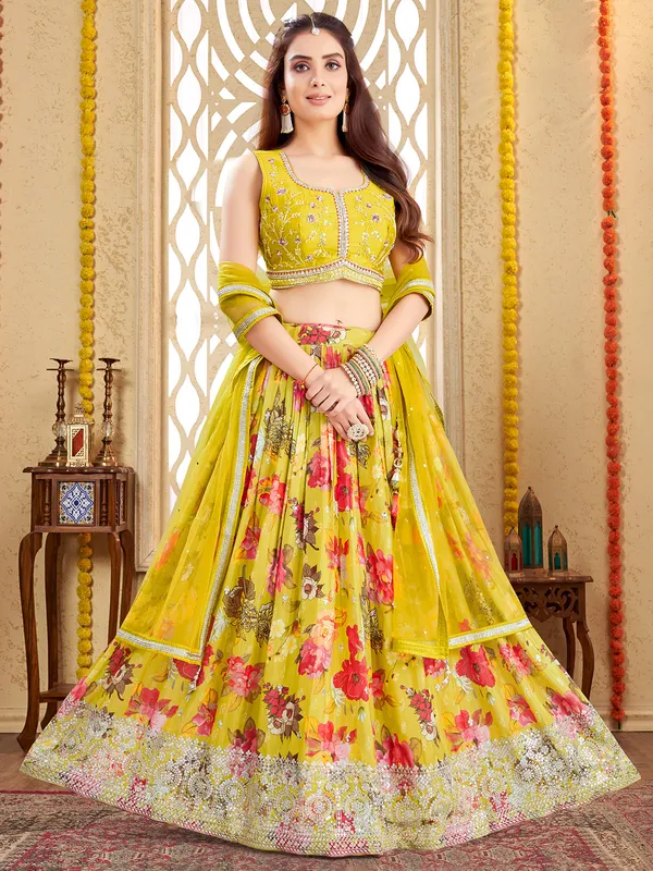 Mehendi yellow printed silk lehenga choli