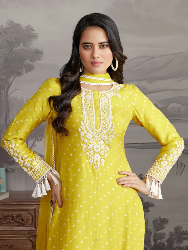 Mehendi yellow printed silk salwar suit with dupatta