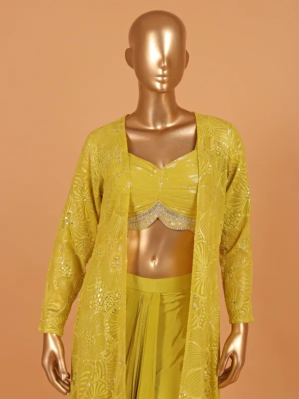 Mehendi yellow satin silk palazzo suit with shrug