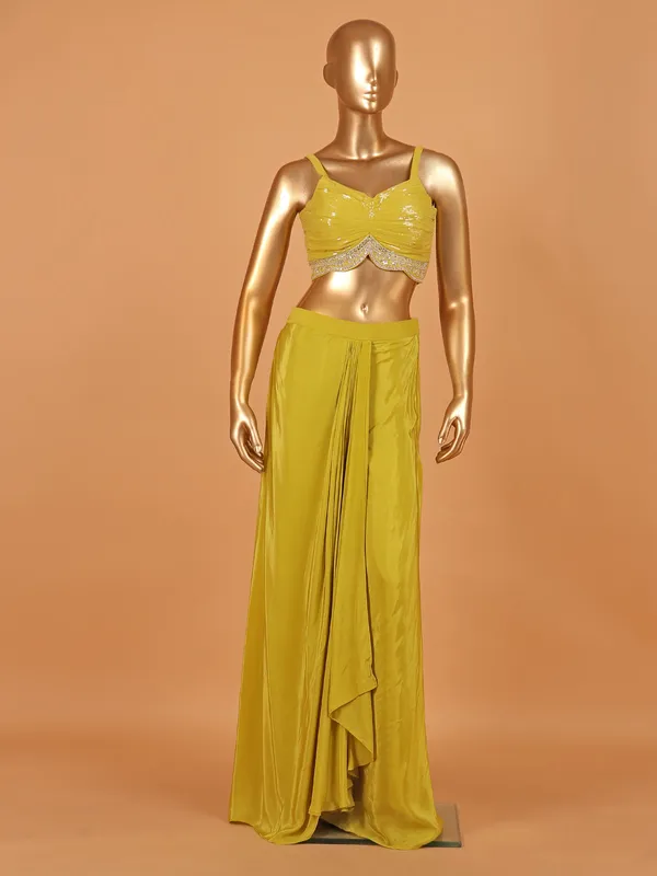 Mehendi yellow satin silk palazzo suit with shrug