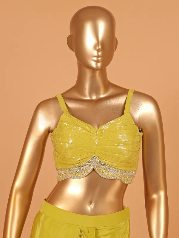 Mehendi yellow satin silk palazzo suit with shrug