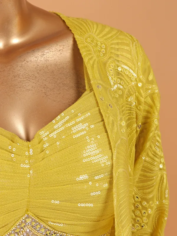 Mehendi yellow satin silk palazzo suit with shrug