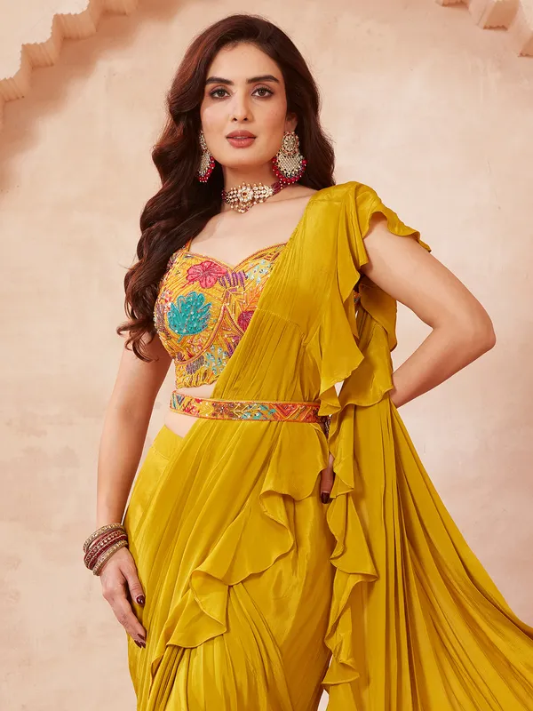 Mehendi yellow satin silk ready to wear saree