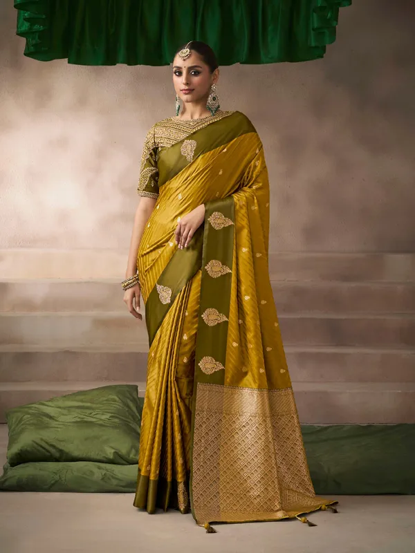 Mehendi yellow satin silk saree with festive charm