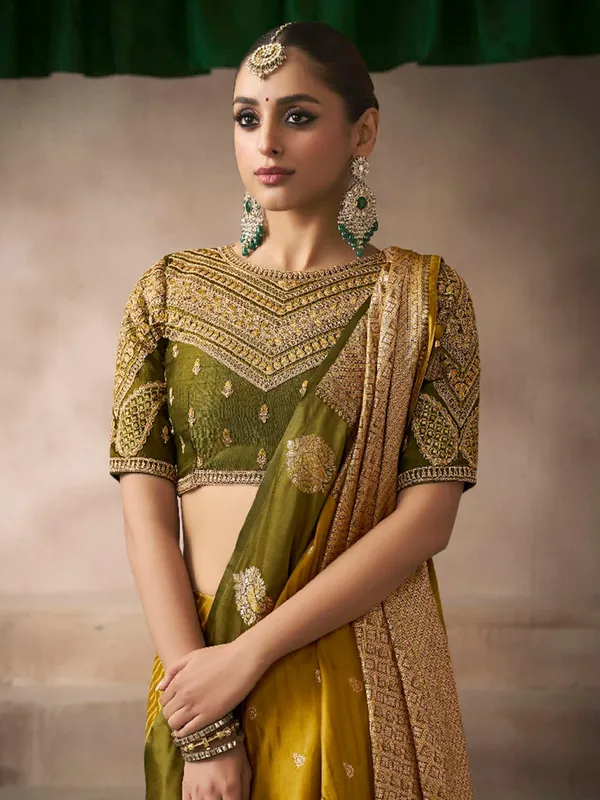 Mehendi yellow satin silk saree with festive charm
