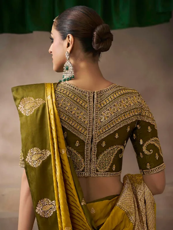 Mehendi yellow satin silk saree with festive charm