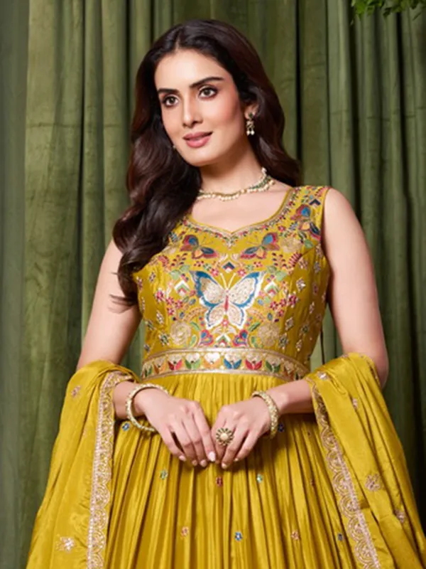 Mehendi yellow silk anarkali suit for festival