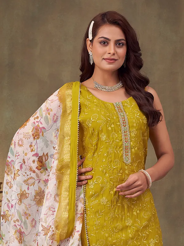 Mehendi yellow silk embroidered salwar suit