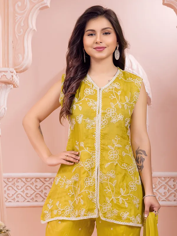 Mehendi yellow silk festive wear palazzo suit