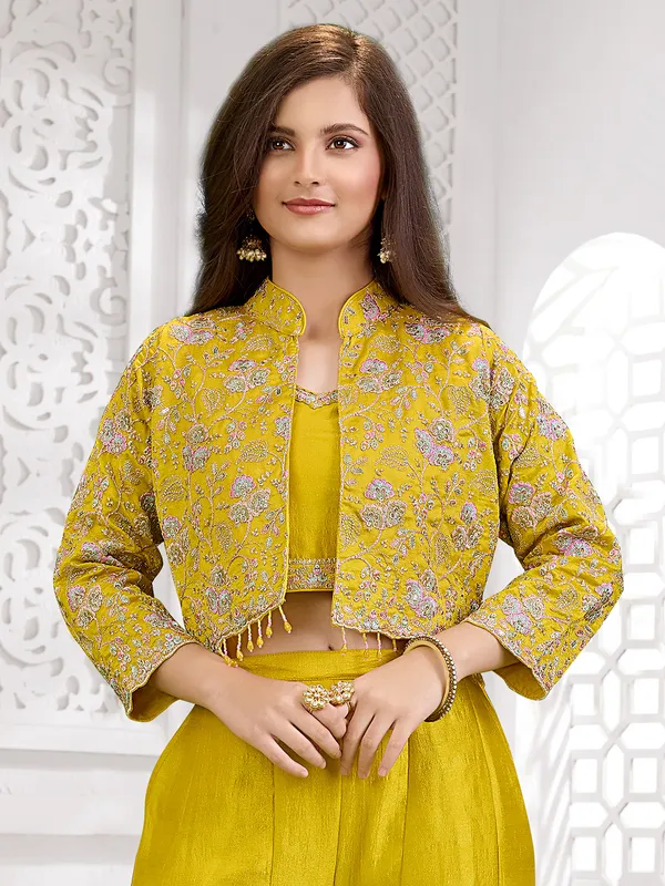 Mehendi yellow silk palazzo haldi suit