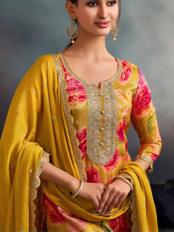 Mehendi yellow silk palazzo kurti set with dupatta