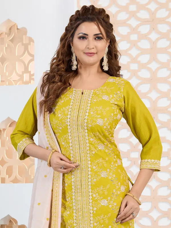 Mehendi yellow silk salwar suit with dupatta