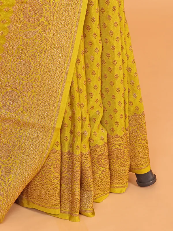 Mehendi yellow silk saree in zari work