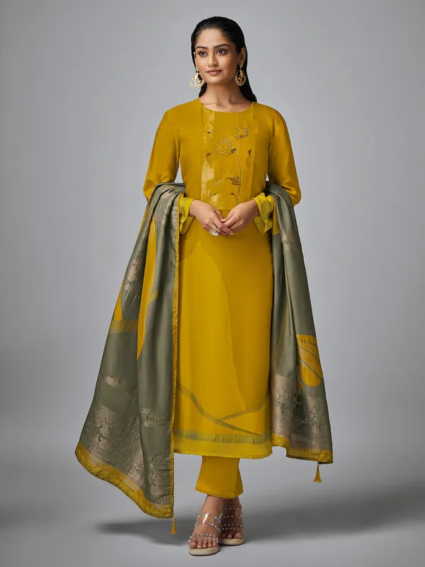 Mehendi yellow silk thread salwar suit