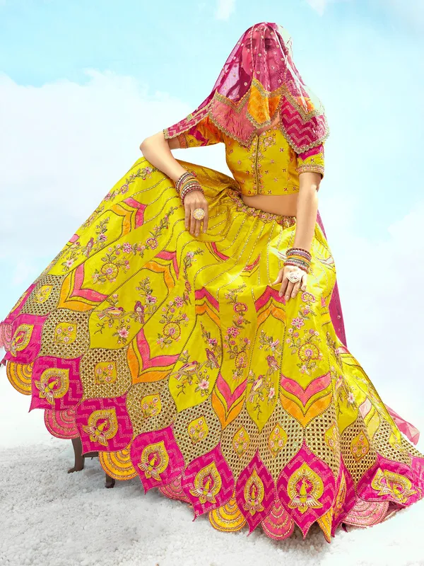 Mehendi yellow silk unstitched lehenga choli