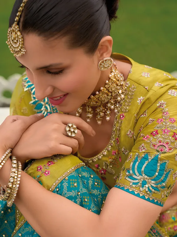 Mehendi yellow silk wedding style lehenga choli