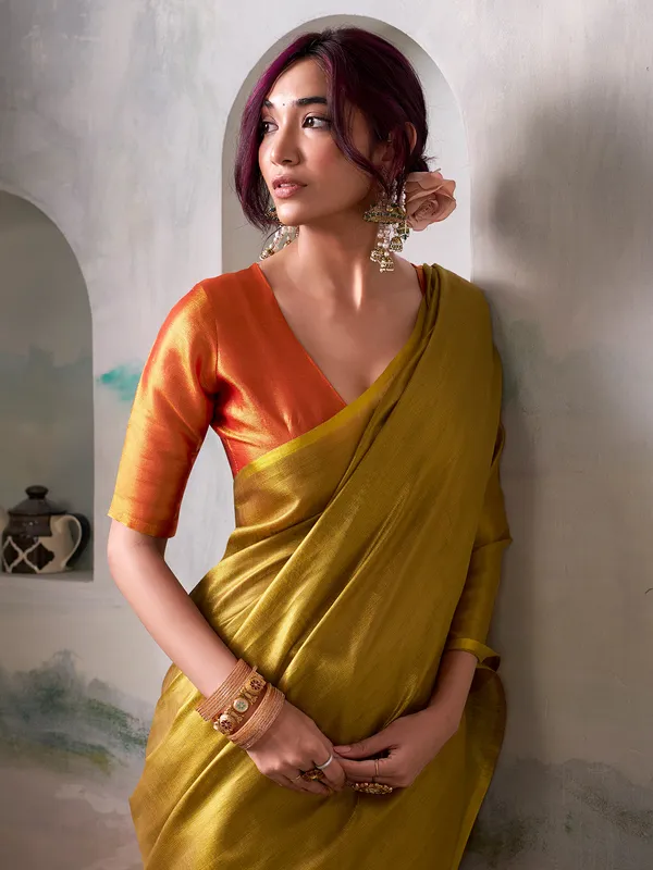 Mehendi yellow tissue silk saree grace