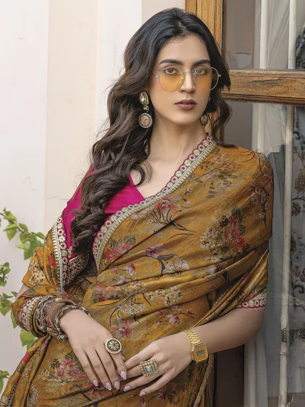 Mehendi yellow viscose dola silk saree