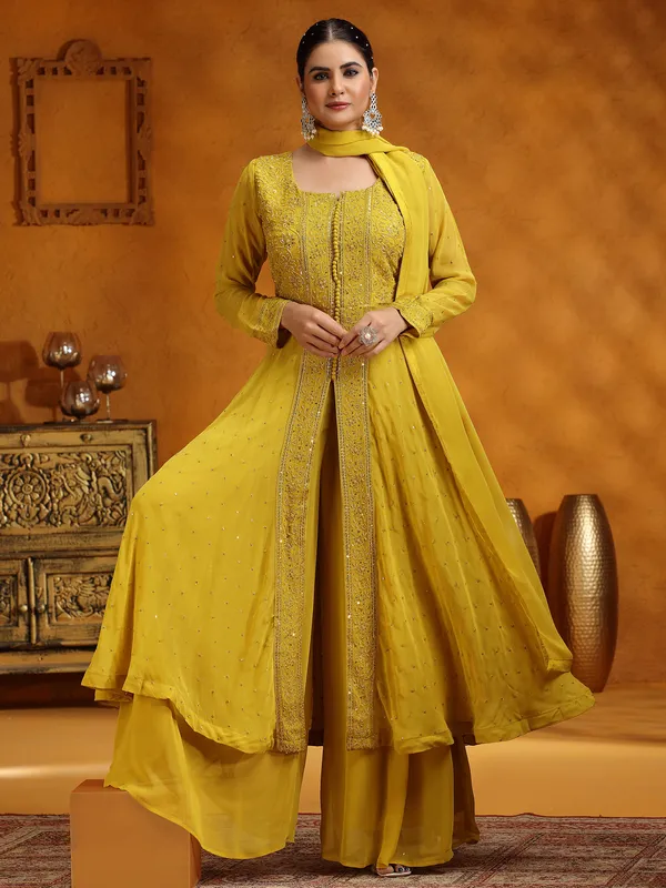 Mehendi yellow wedding wear palazzo suit in georgette