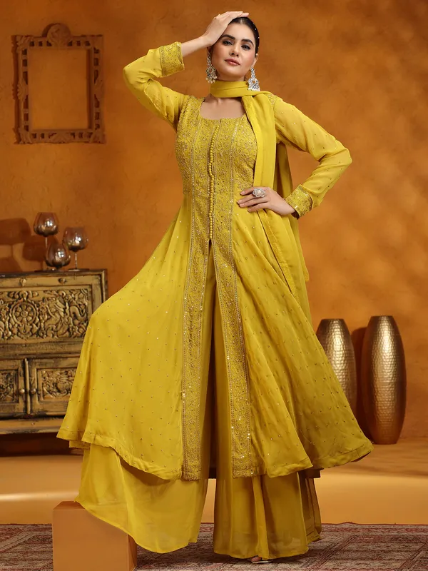 Mehendi yellow wedding wear palazzo suit in georgette
