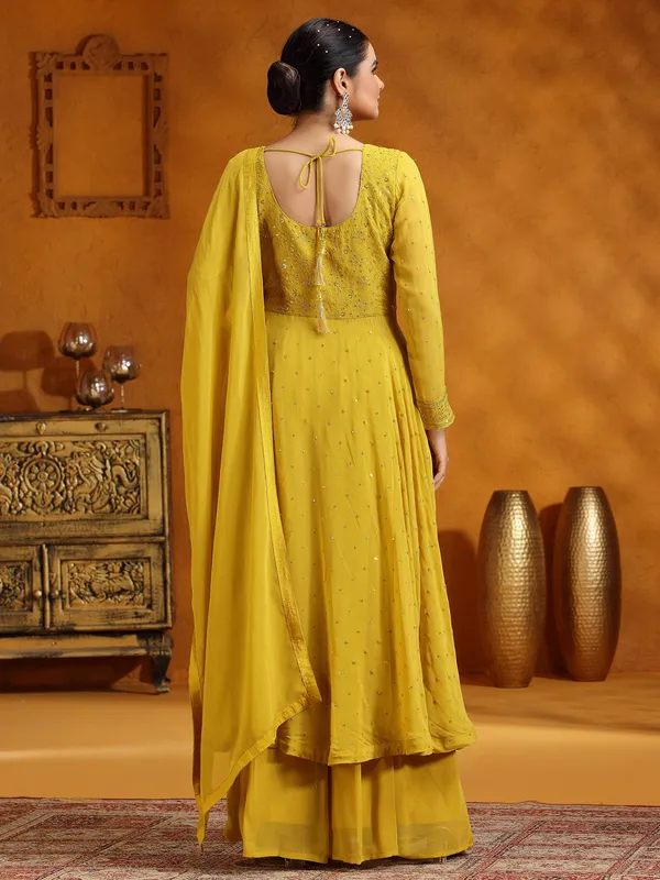 Mehendi yellow wedding wear palazzo suit in georgette