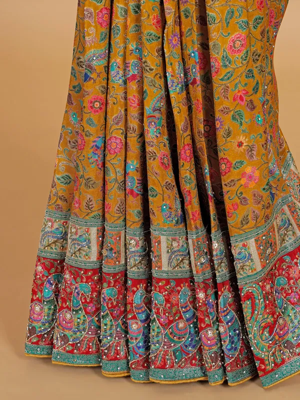 Mehendi yellow zari weaving silk wedding wear saree