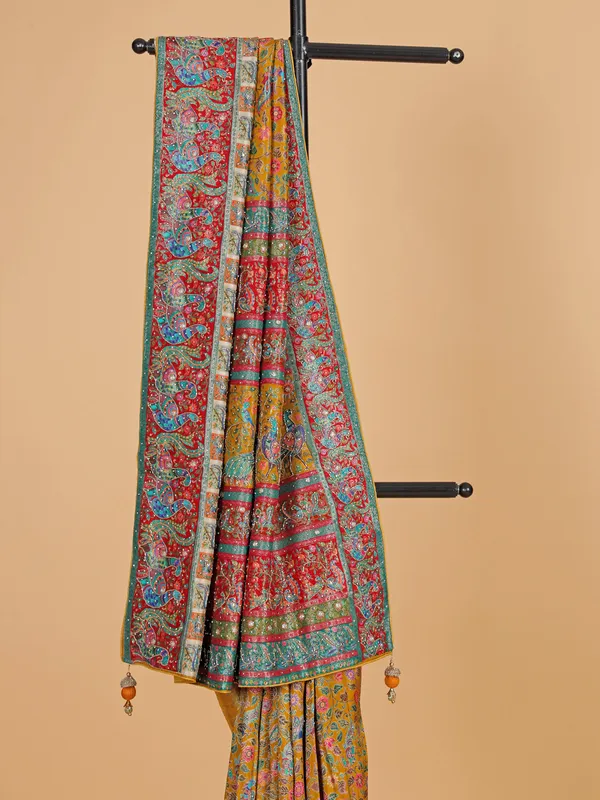 Mehendi yellow zari weaving silk wedding wear saree