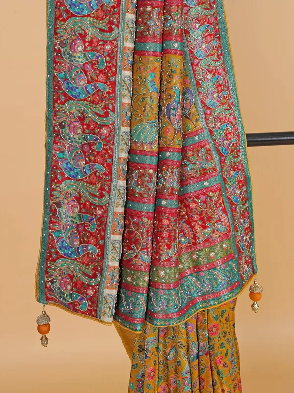 Mehendi yellow zari weaving silk wedding wear saree