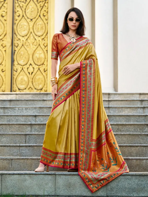 Mehendi yellow zari weaving tissue silk saree