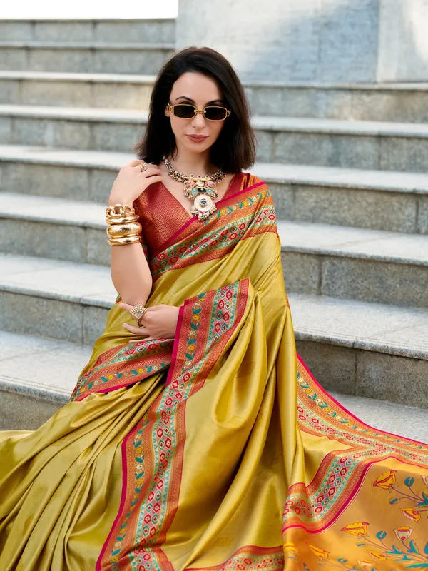 Mehendi yellow zari weaving tissue silk saree