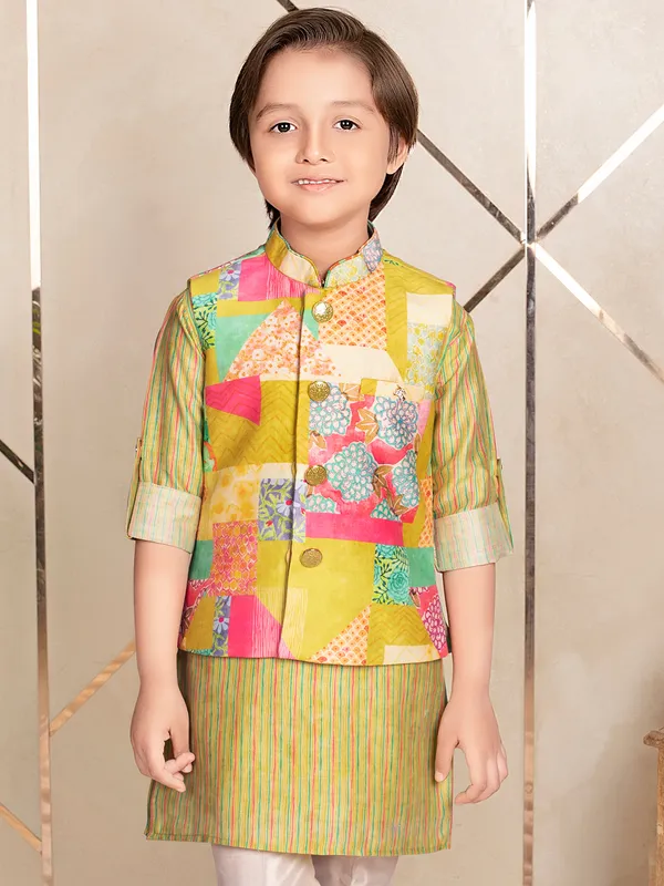 Mehndi green festive wear silk waistcoat set for boys