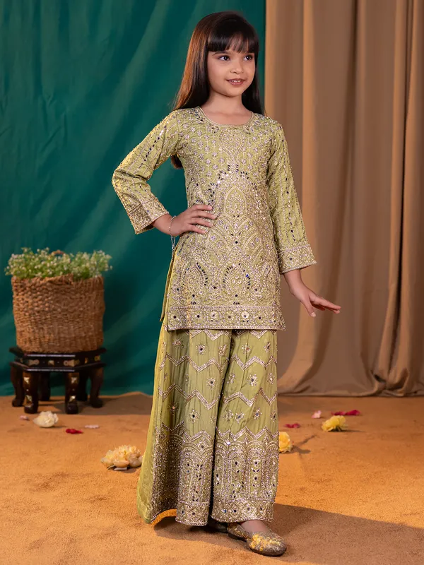 Mehndi green silk festive ready palazzo suit