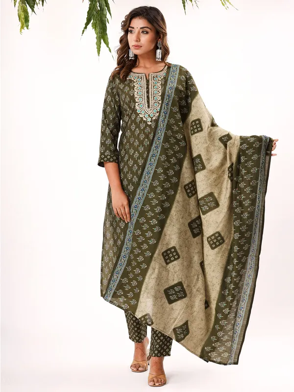 Mehndi green silk printed kurti set