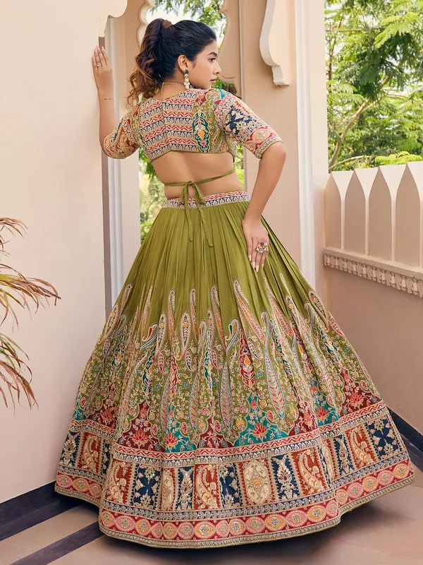 Mehndi green silk printed lehenga choli