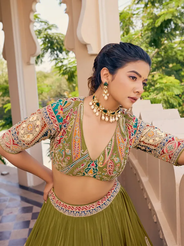 Mehndi green silk printed lehenga choli