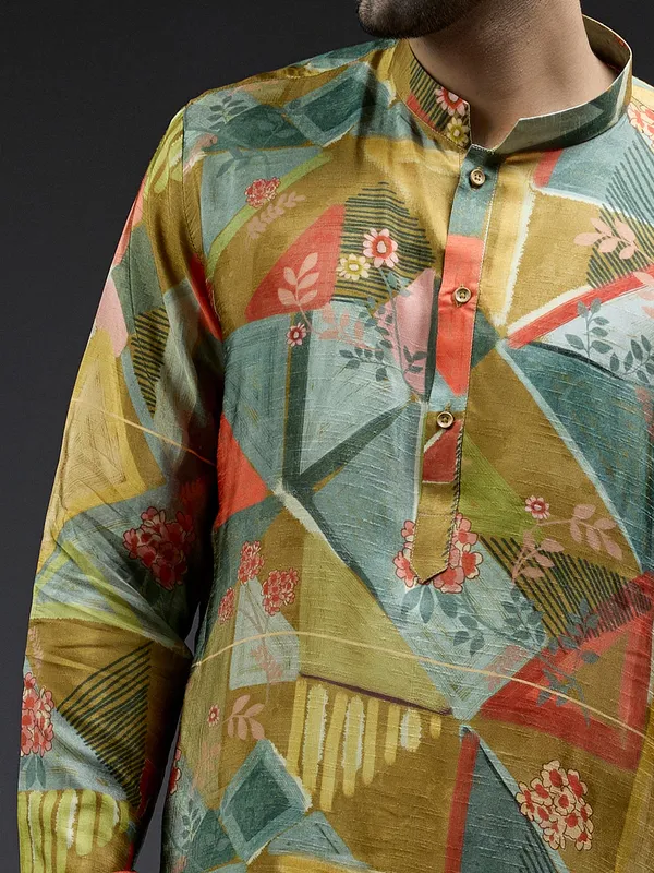 Mehndi yellow silk kurta suit with geometrical printed design