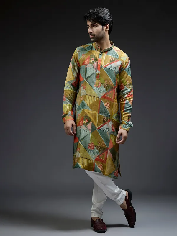 Mehndi yellow silk kurta suit with geometrical printed design