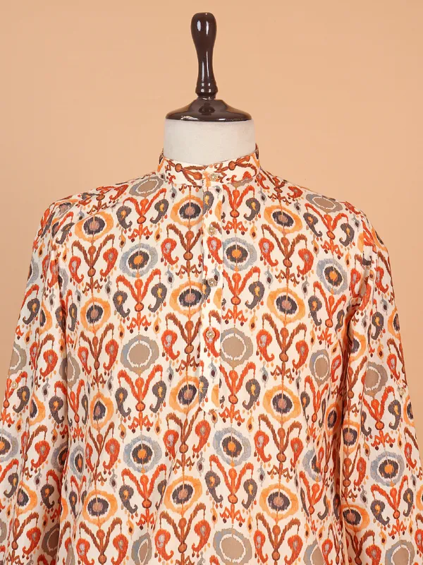 Men unique printed white cotton kurta suit