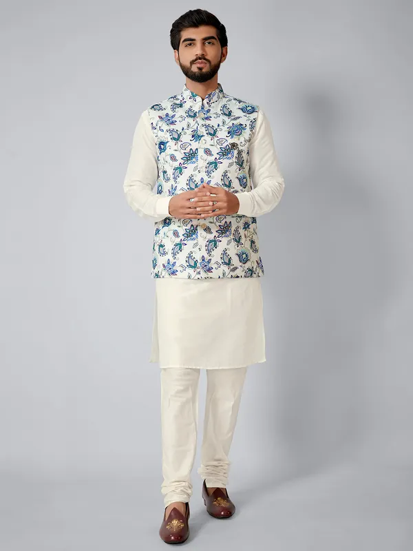 Men white and cream printed waistcoat set