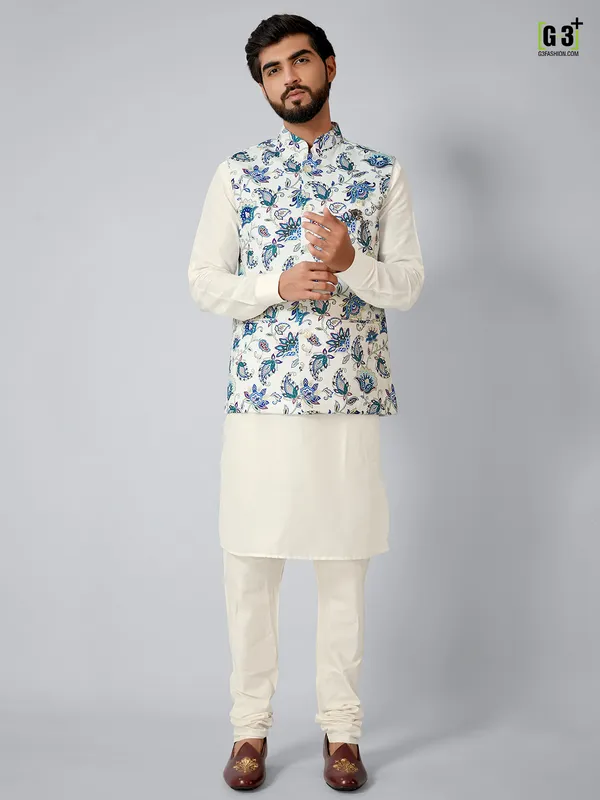 Men white and cream printed waistcoat set