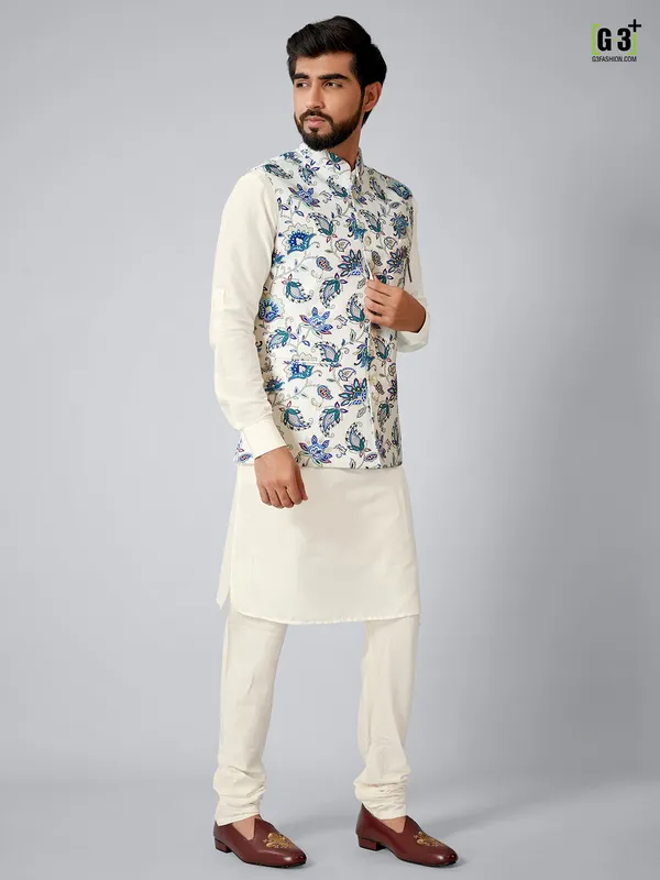 Men white and cream printed waistcoat set