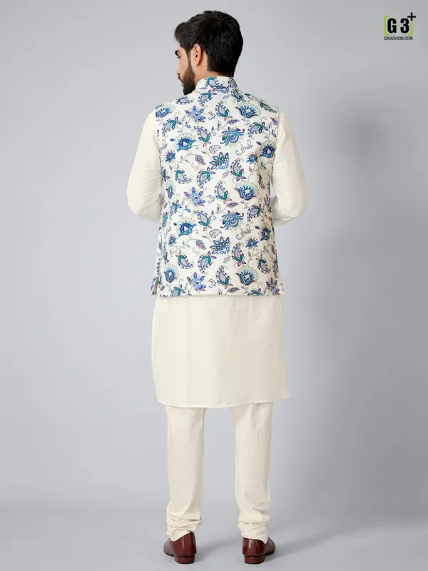 Men white and cream printed waistcoat set