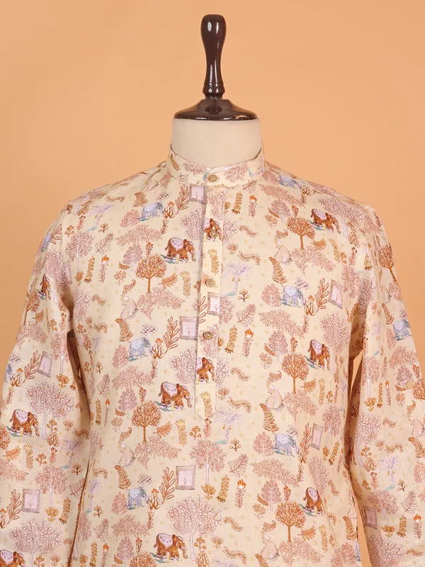 Mens cream cotton kurta with print