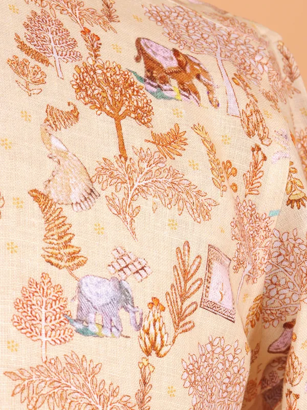 Mens cream cotton kurta with print