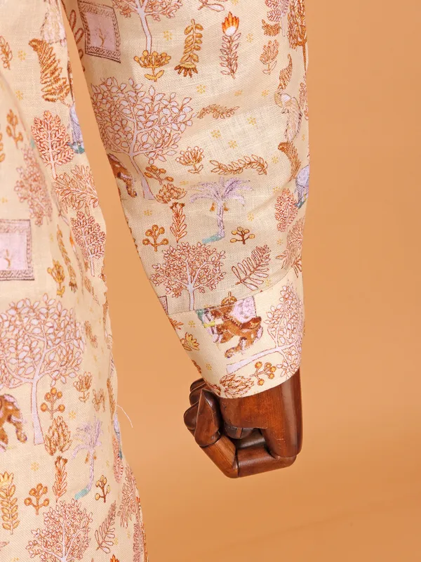Mens cream cotton kurta with print