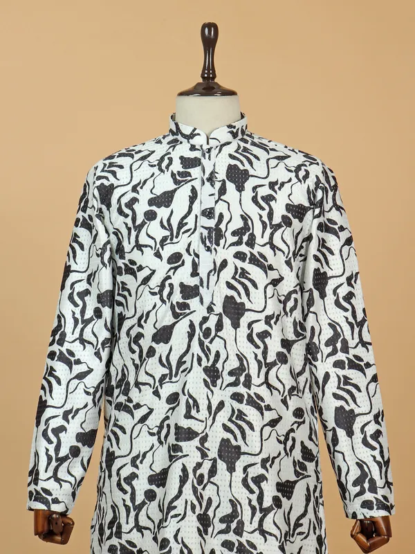Mens white cotton kurta suit with print
