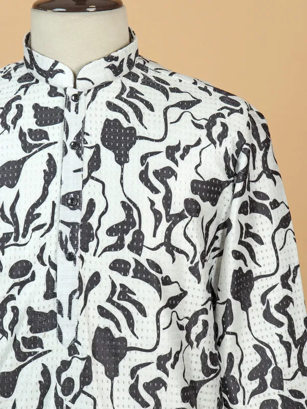 Mens white cotton kurta suit with print