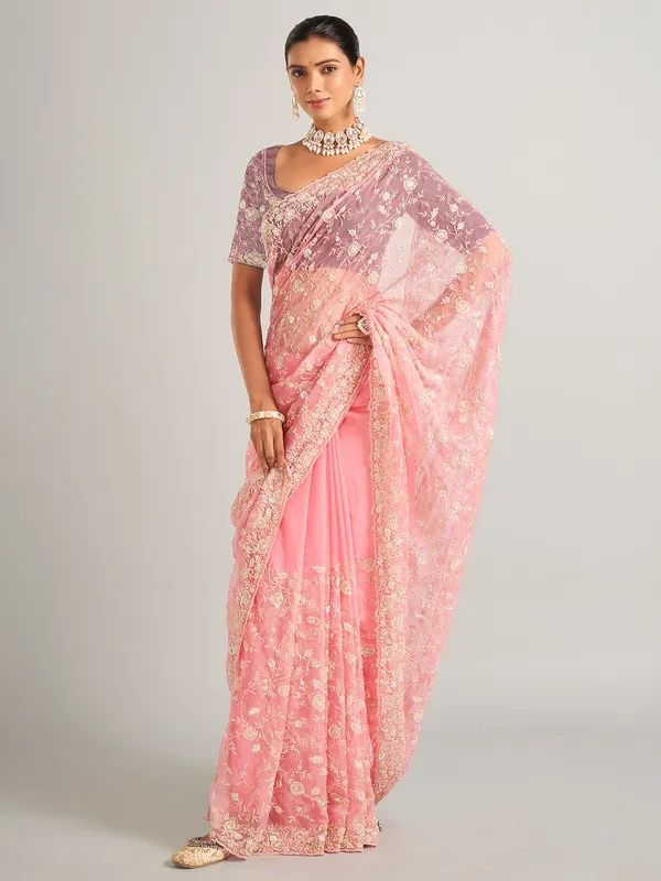 Organza silk light pink  saree